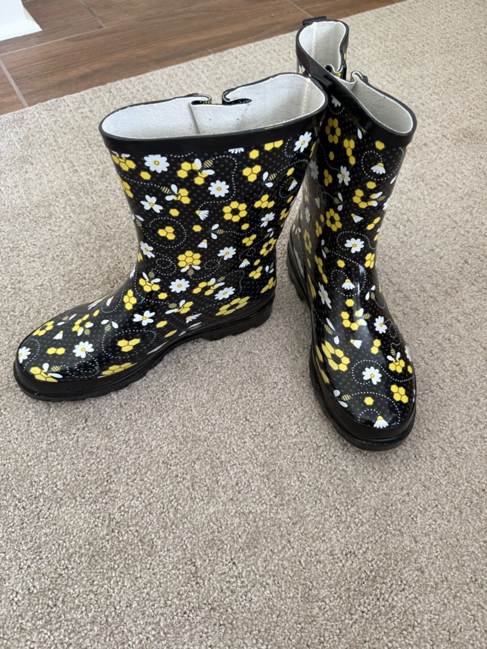 Yellow & White Floral/Bee Rain Boots